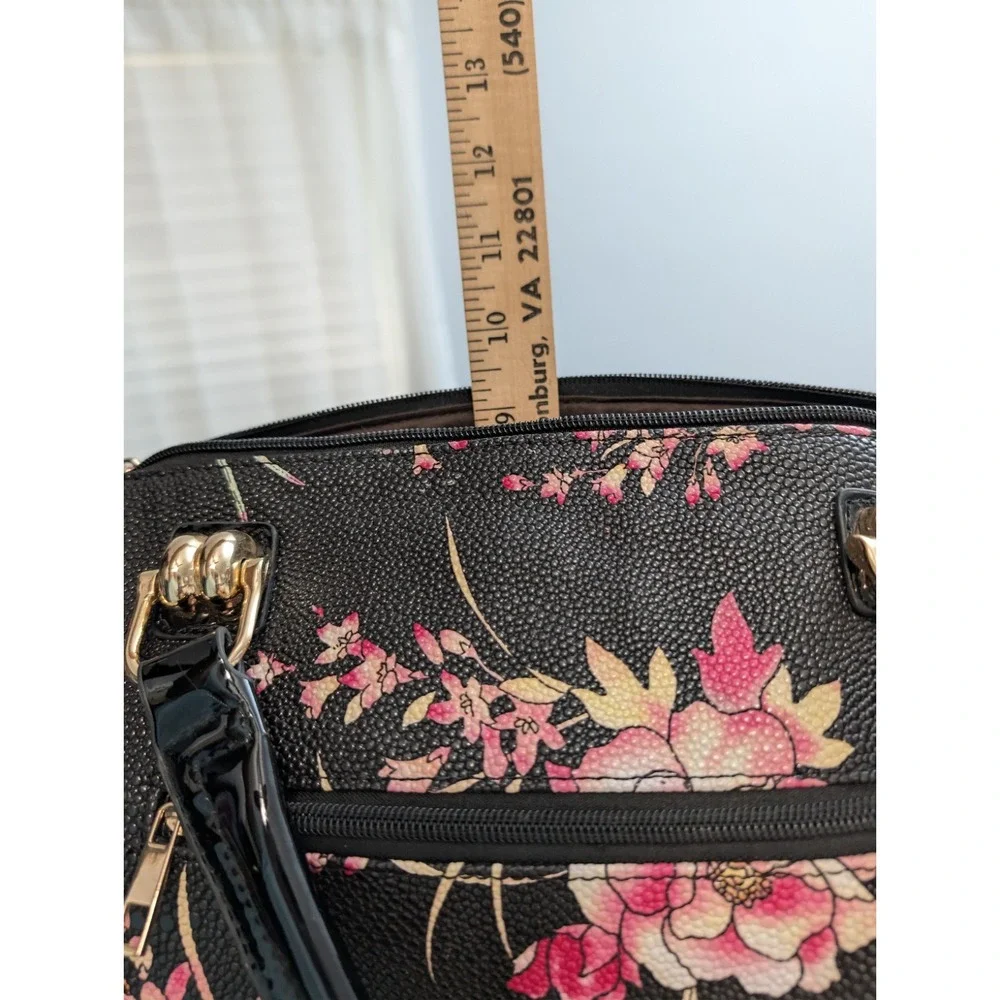 Mellow World Black Floral Dome Shapes Satchel Bag w/Gold Hardware Patent Leather